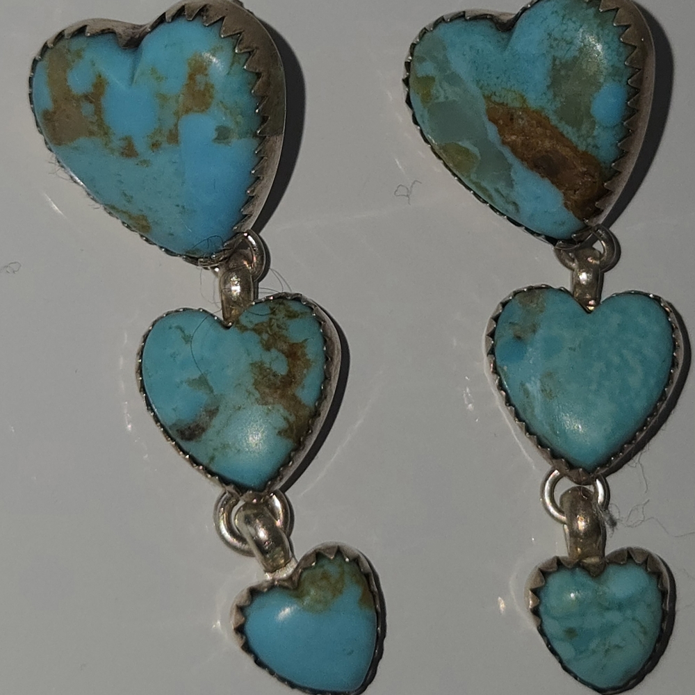 Turquoise 3 Heart Earrings In Silver
